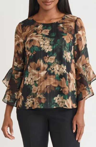 Kasper Metallic Ruffle Sleeve Top In Brown