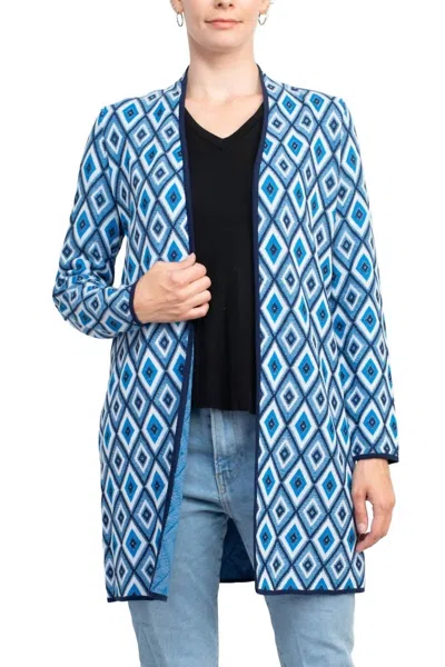 Kasper Open Front Piping Detail Diamond Jacquard Cardigan In Blue Ribbon Combo