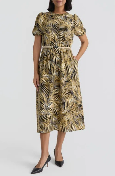 Kasper Palm Print Belted Midi Shirtdress In Green