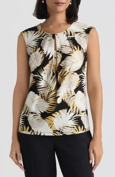 Kasper Palm Print Keyhole Sleeveless Top In Multi