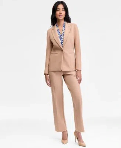 Kasper Peak Lapel Blazer V Neck Top Faux Fly Pants In Brown