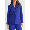 Kasper Peak Lapel Stretch Crepe Peplum Blazer In Blue