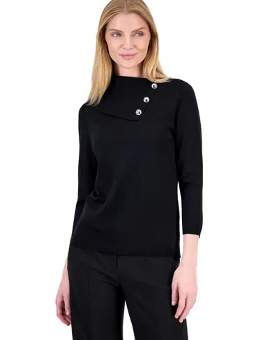 Kasper Petite 3/4-sleeve Split Neck Sweater In Black