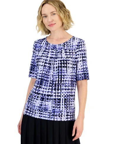 Kasper Petite Abstract-print Crewneck Short-sleeve Blouse In Royal Signature Multi