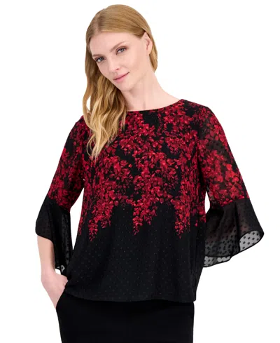 Kasper Petite Boat Neck 3/4-length Ruffle Sleeves Polka-dot Floral-print Blouse In Multi