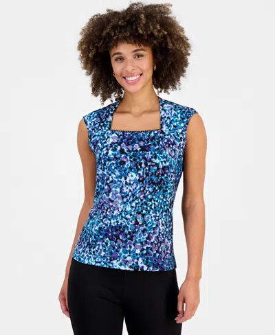 Kasper Petite Cap Sleeve Square Neck Knit Top In Multi