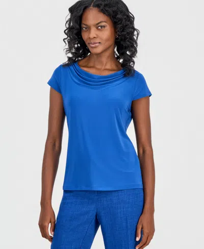 Kasper Petite Cap-sleeve Cowl Neck Blouse In Blue
