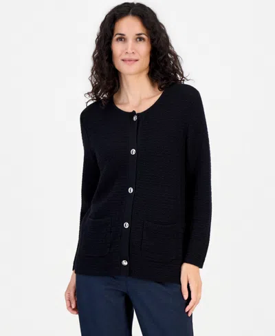 Kasper Petite Collarless Button-front Cardigan Sweater In Black