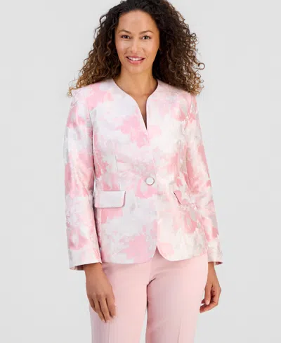 Kasper Petite Collarless Jacquard Blazer In Pink