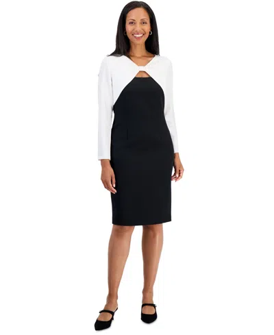 Kasper Petite Colorblock Long-sleeve Sheath Dress In Black
