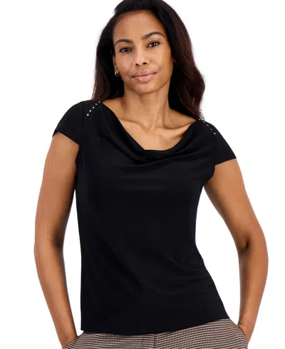 Kasper Petite Cowl Neck Cap-sleeve Blouse In Black