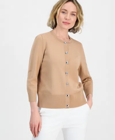 Kasper Petite Crew Neck Front-button Cardigan In Sesame