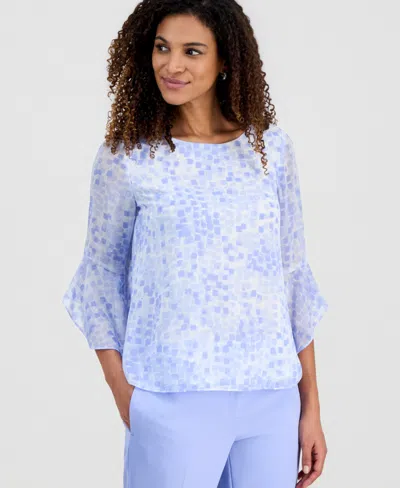 Kasper Petite Crewneck Ruffle Sleeve Blouse In Blue