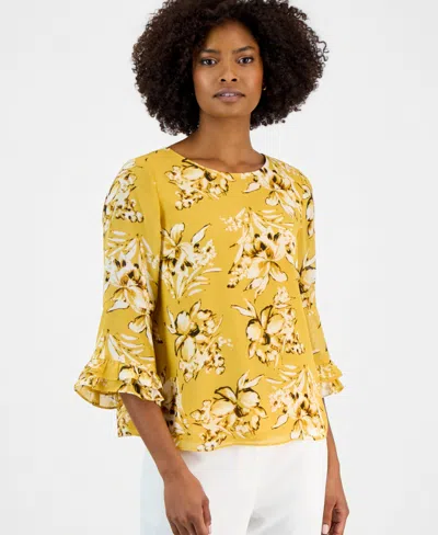 Kasper Petite Crewneck Ruffle-sleeve Printed Blouse In Yellow