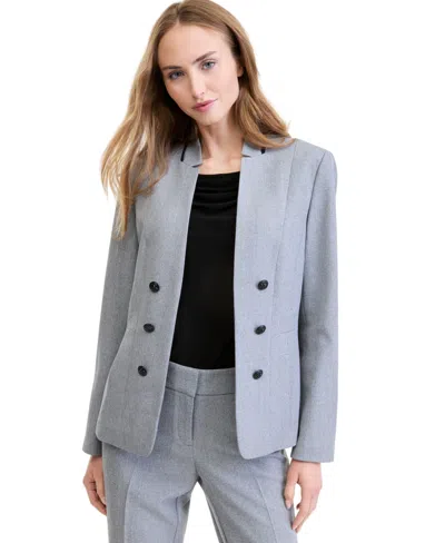 Kasper Petite Double-breasted Cutout Collar Long-sleeve Blazer In Gray,black