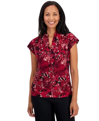 Kasper Petite Everyday Knit Floral-print Funnel-neck Blouse In Multi
