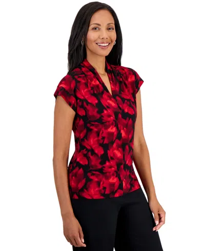 Kasper Petite Everyday Knit Funnel-neck Floral-print Blouse In Multi