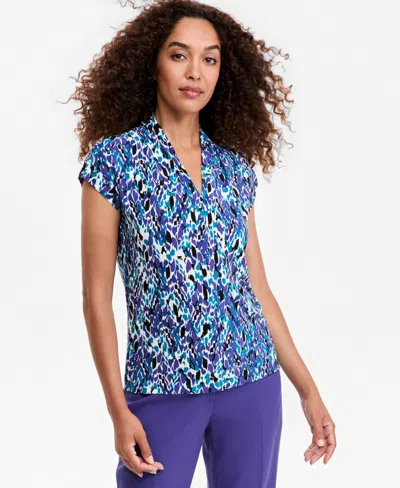 Kasper Petite Extended-sleeve Funnel-neck Printed Blouse In Animal Print