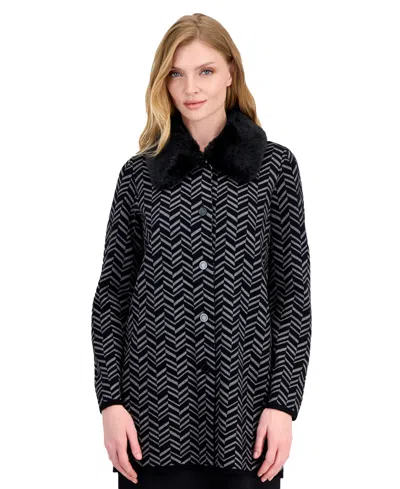 Kasper Petite Faux-fur Collar Geometric-print Coatigan Sweater In Black
