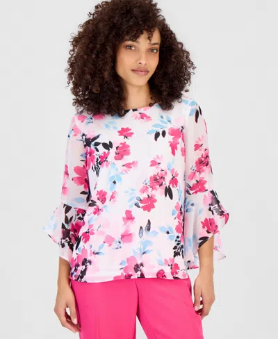Kasper Petite Floral 3/4-sleeve Ruffled-cuff Blouse In Pink