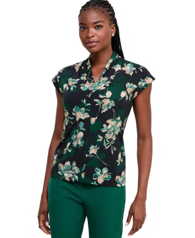 Kasper Petite Floral Dressy V-neck Blouse In Green