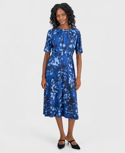 Kasper Petite Floral Print Fit & Flare Dress In Blue