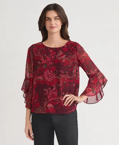 Kasper Petite Floral Print Ruffle Sleeve Top In Red