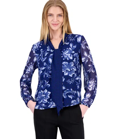 Kasper Petite Floral Tie-neck Long-sleeve Blouse In Blue