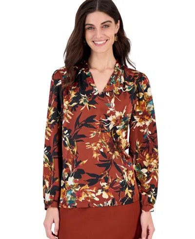 Kasper Petite Floral-print Pleated-shoulder Blouse In Sepia Spice Multi