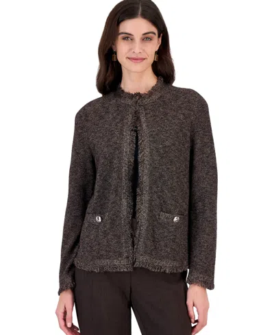 Kasper Petite Fringe Kissing Front Long-sleeve Open-front Cardigan In Dark Camel Rich Chocolate