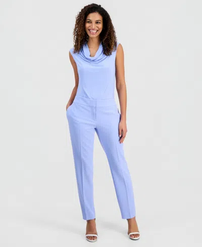 Kasper Petite High Rise Stretch Crepe Fly Front Pants In Blue