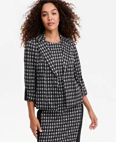 Kasper Petite Houndstooth 3/4-sleeve Notch Collar Open Seamed Blazer In Animal Print