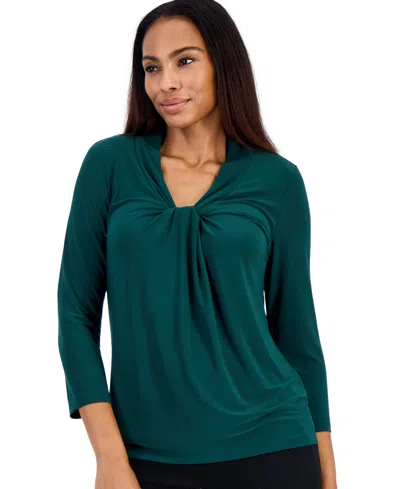 Kasper Petite Knot-front 3/4-sleeve Blouse In Evergreen