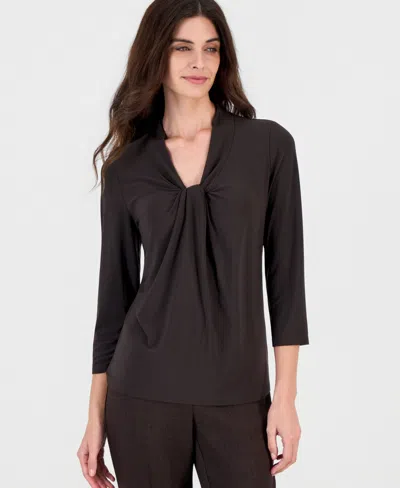 Kasper Petite Knot-front 3/4-sleeve Blouse In Rich Chocolate