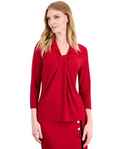 Kasper Petite Knot-front V-neck 3/4-sleeve Blouse In Red