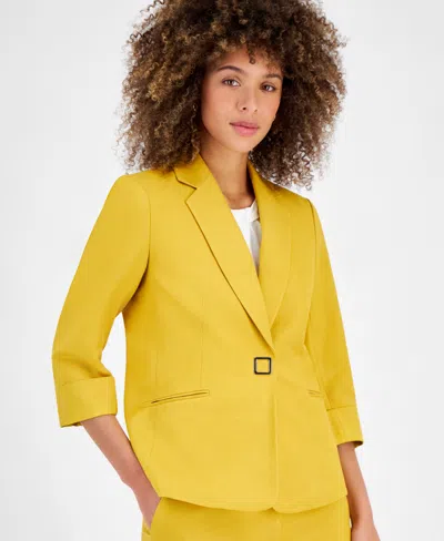 Kasper Petite Linen-blend Button-front 3/4-sleeve Notch-lapel Blazer In Yellow