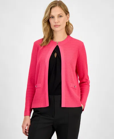 Kasper Petite Long-sleeve Kissing-front Cardigan Sweater In Pink Perfection