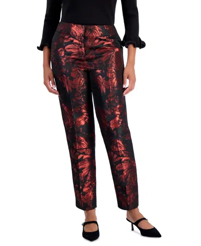 Kasper Petite Mid-rise Slim Jacquard Pants In Red