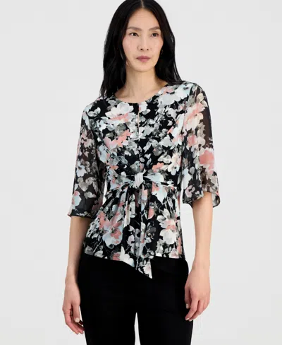Kasper Petite Mixed-media Tie-front Top In Black Multi