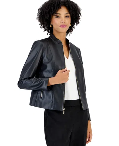 Kasper Petite Moto Fitted Zipper-pocket Jacket In Black