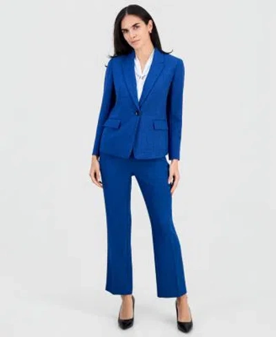 Kasper Petite Peak Lapel One Button Jacket Sleeveless Neck Tie Top Mid Rise Front Pocket Trouser Pants In Blue Night Melange