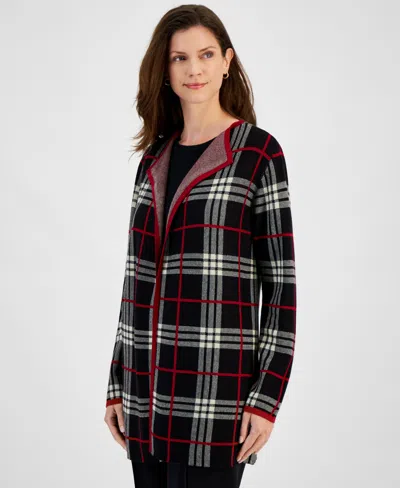Kasper Petite Plaid Open-front Cardigan In Black Multi