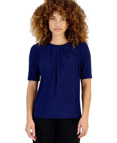 Kasper Petite Plaid-print Crewneck Short-sleeve Blouse In Black,royal Signature