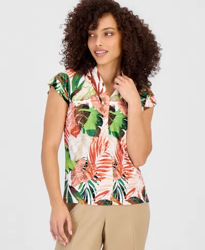 Kasper Petite Printed Cap-sleeve V-neck Top In Multi