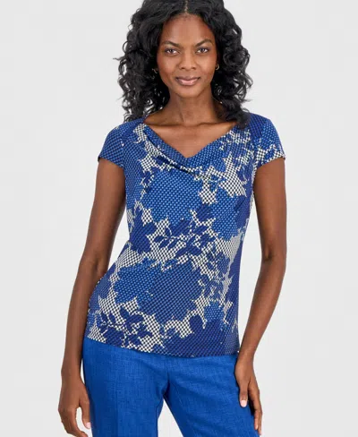 Kasper Petite Printed Cowl-neck Cap-sleeve Top In Vanilla Ice Multi
