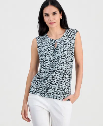 Kasper Petite Printed Keyhole Sleeveless Top In Blue