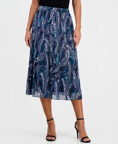 Kasper Petite Printed Pleated Front Midi Skirt In Black Multi