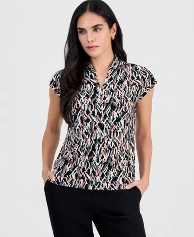 Kasper Petite Printed V-neck Cap-sleeve Blouse In Multi