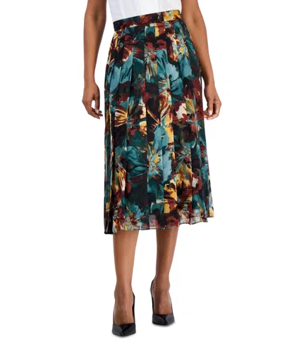 Kasper Petite Pull-on Pleated Midi Skirt In Evergreen Multi