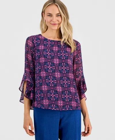 Kasper Petite Ruffle-sleeve Boat Neck Blouse In Purple